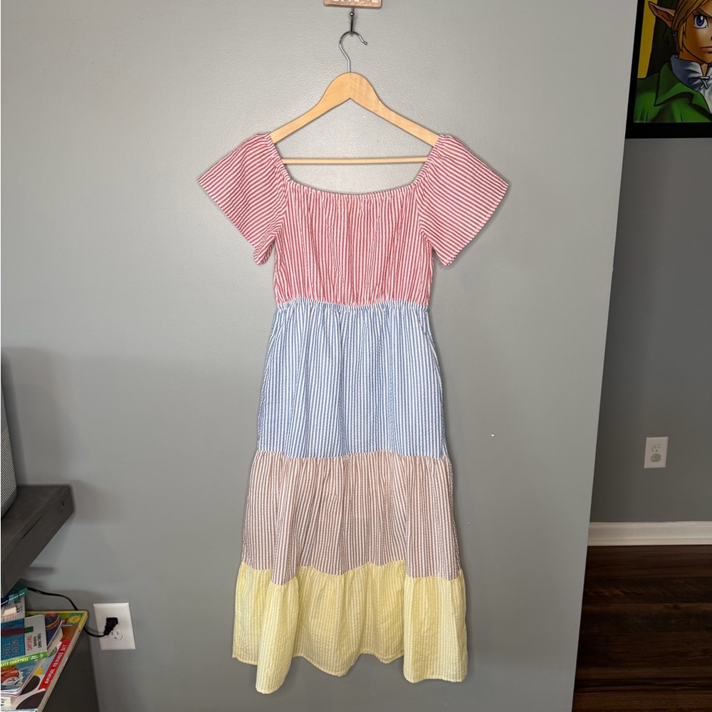 Urban Outfitters Off Shoulder Multi Seersucker Stripes Midi Dress - Picture 4 of 12